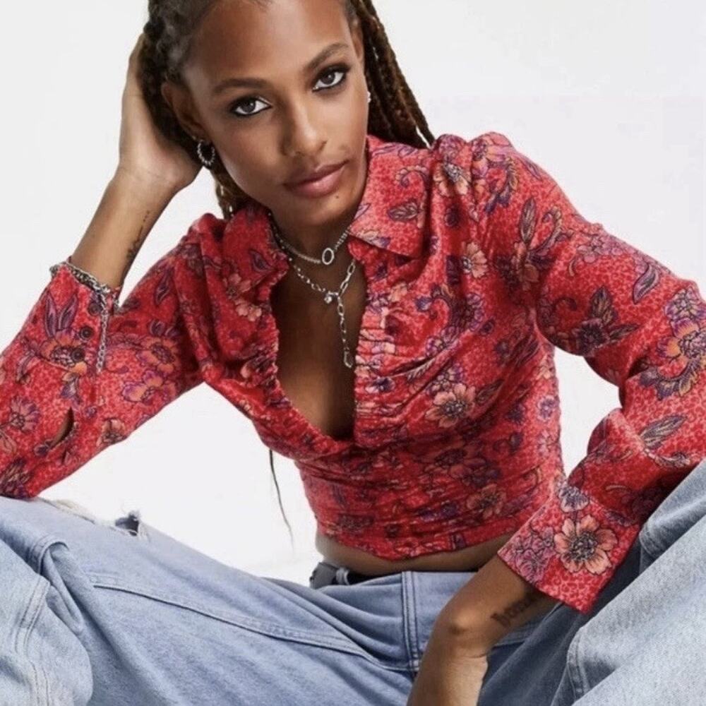 NWT Free People Top Women’s M Red Orange Floral Cropped Blouse Fall Colors